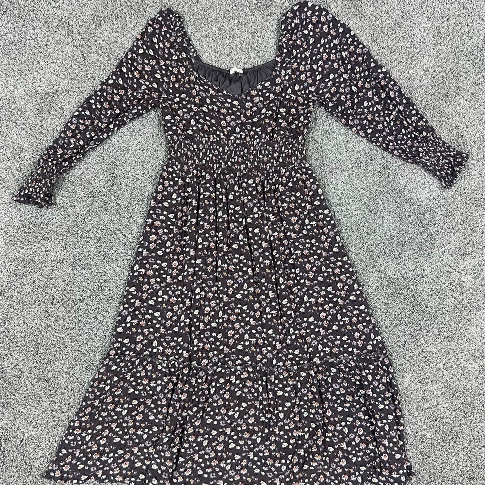 In Loom Brown Floral Elastic Waist Cuff Tiered Maxi Dress Boho Lined Size S